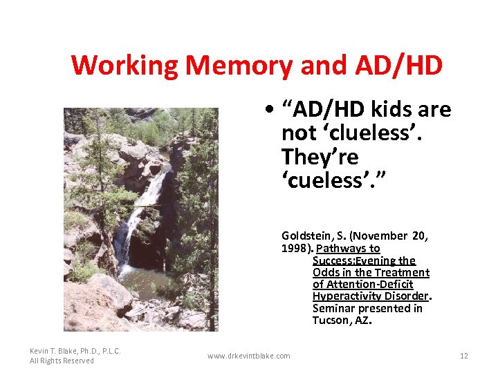 Working Memory and AD/HD • “AD/HD kids are not ‘clueless’. They’re ‘cueless’. ” Goldstein,