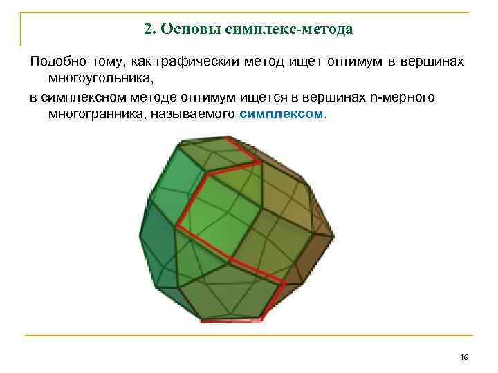 2. Основы симплекс-метода Подобно тому, как графический метод ищет оптимум в вершинах многоугольника, в