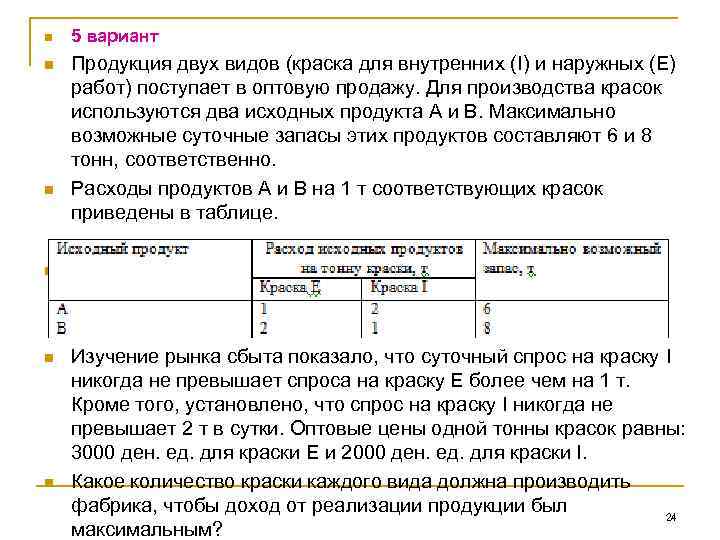 n 5 вариант n Продукция двух видов (краска для внутренних (I) и наружных (Е)