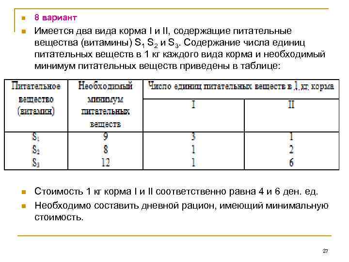 n 8 вариант n Имеется два вида корма I и II, содержащие питательные вещества