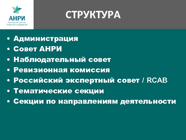 СТРУКТУРА • • Администрация Совет АНРИ Наблюдательный совет Ревизионная комиссия Российский экспертный совет /