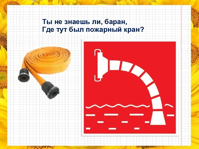 Ты не знаешь ли, баран, Где тут был пожарный кран? 