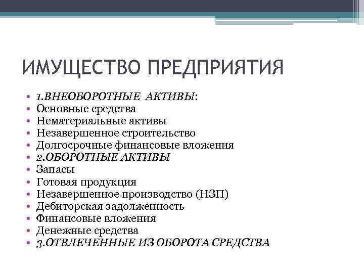 ИМУЩЕСТВО ПРЕДПРИЯТИЯ • • • • 1. ВНЕОБОРОТНЫЕ АКТИВЫ: Основные средства Нематериальные активы Незавершенное