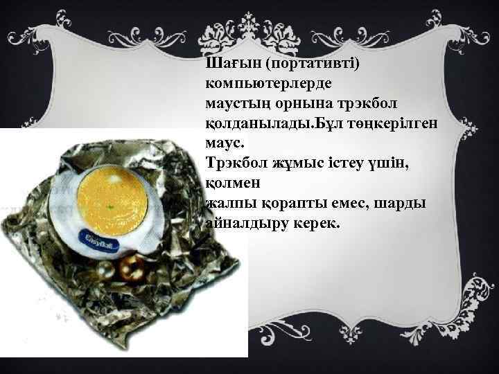 Шағын (портативті) компьютерлерде маустың орнына трэкбол қолданылады. Бұл төңкерілген маус. Трэкбол жұмыс істеу үшін,