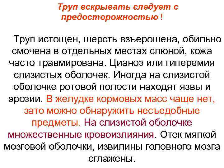 Труп вскрывать следует с предосторожностью ! Труп истощен, шерсть взъерошена, обильно смочена в отдельных