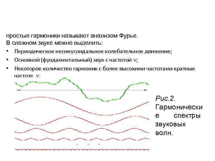 простые гармоники называют анализом Фурье. В сложном звуке можно выделить: • Периодическое несинусоидальное колебательное