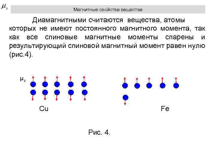 Магнитные свойства вещества Диамагнитными считаются вещества, атомы которых не имеют постоянного магнитного момента, так