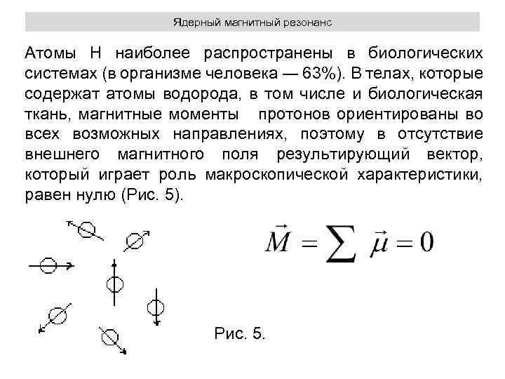 Ядерный магнитный резонанс Атомы Н наиболее распространены в биологических системах (в организме человека ―