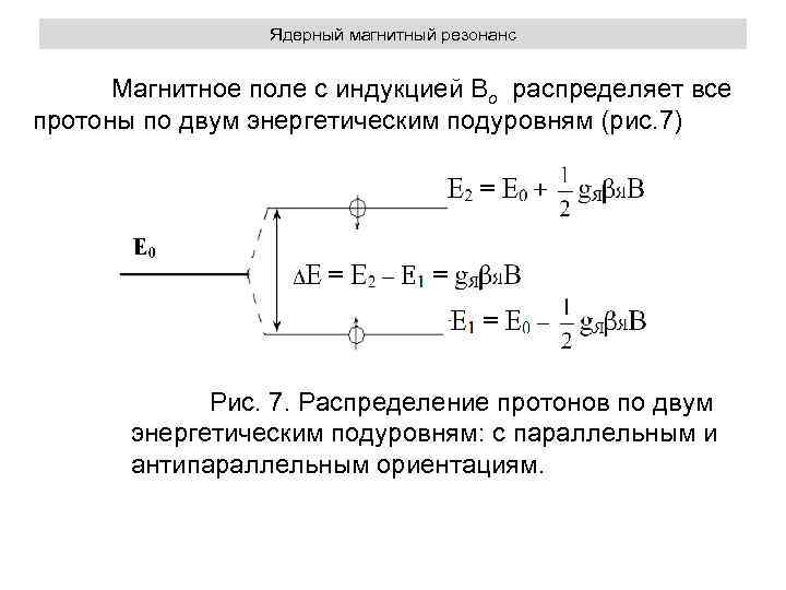 Ядерный магнитный резонанс Магнитное поле с индукцией Во распределяет все протоны по двум энергетическим