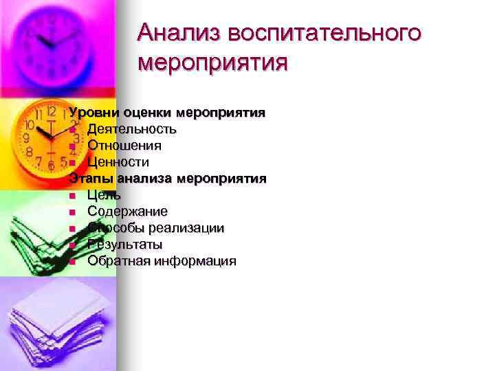 Анализ воспитательного мероприятия Уровни оценки мероприятия n Деятельность n Отношения n Ценности Этапы анализа