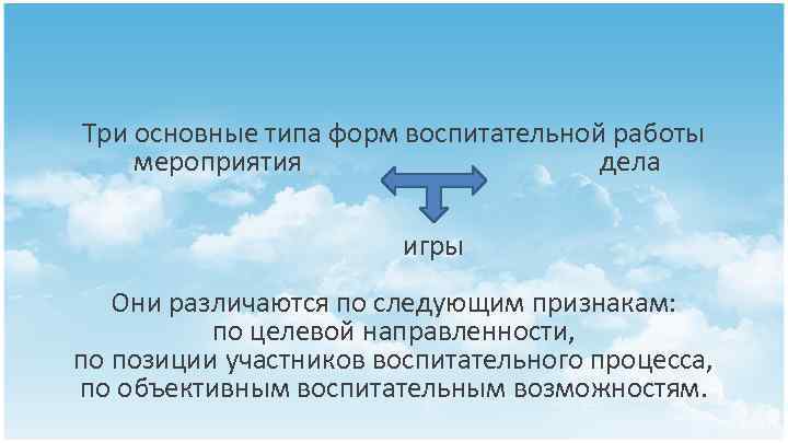 Три основные типа форм воспитательной работы мероприятия дела игры Они различаются по следующим признакам: