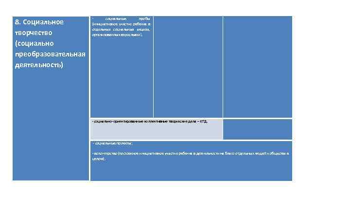 8. Социальное творчество (социально преобразовательная деятельность) - социальные пробы (инициативное участие ребенка в отдельных