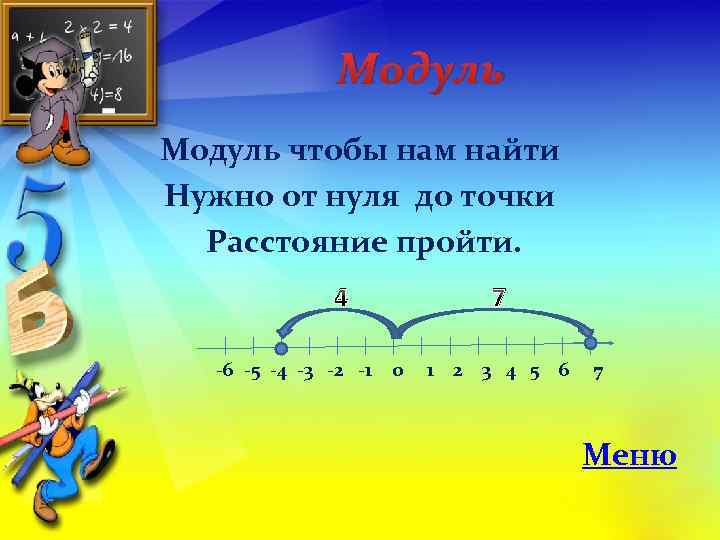 Модуль чтобы нам найти Нужно от нуля до точки Расстояние пройти. 4 7 -6