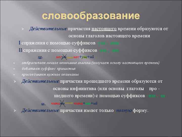 словообразование Действительные причастия настоящего времени образуются от основы глаголов настоящего времени I спряжения с