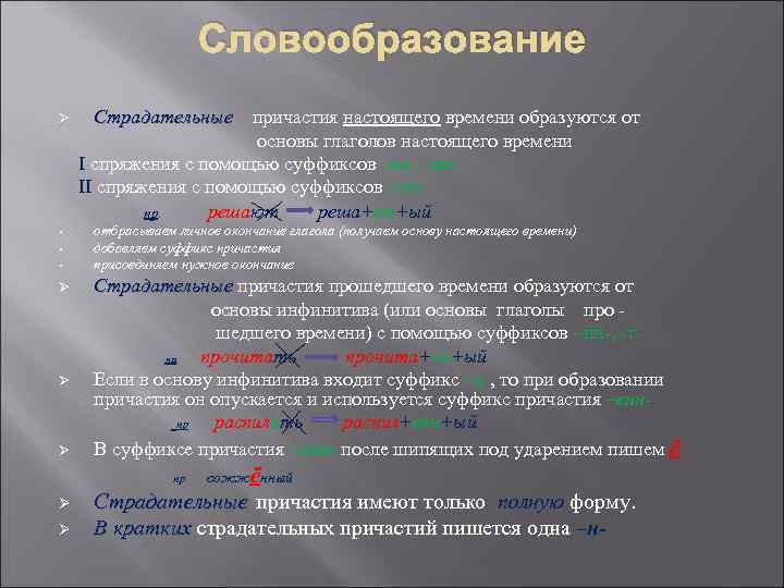 Словообразование Ø • • • Ø Ø Ø Страдательные причастия настоящего времени образуются от