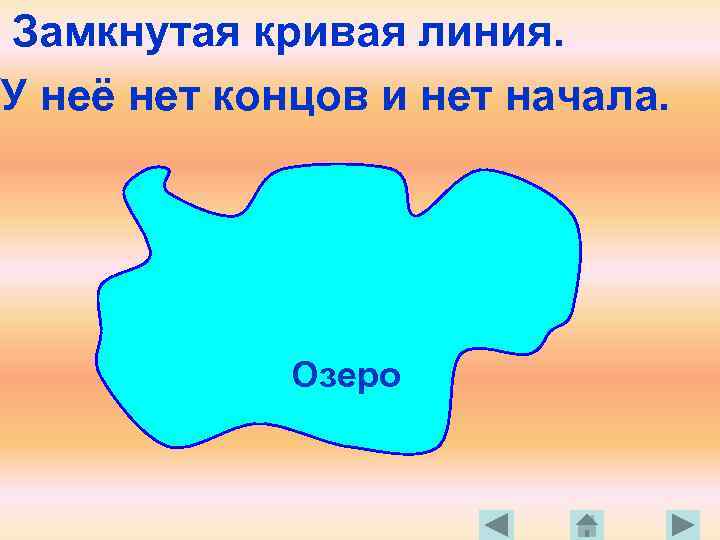 Замкнутая кривая линия. У неё нет концов и нет начала. Озеро 