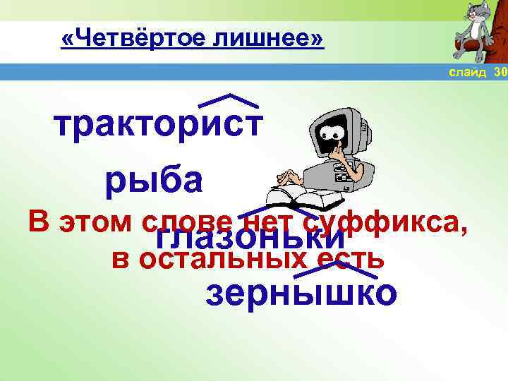  «Четвёртое лишнее» слайд 30 тракторист рыба В этом слове нет суффикса, глазоньки в