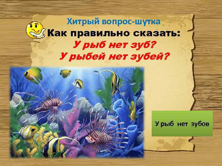 Хитрый вопрос-шутка Как правильно сказать: У рыб нет зуб? У рыбей нет зубей? У