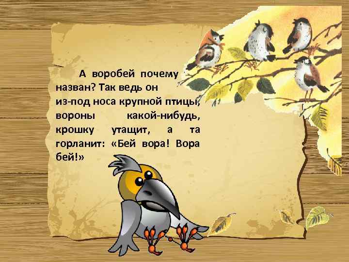 А воробей почему так назван? Так ведь он из-под носа крупной птицы, вороны какой-нибудь,