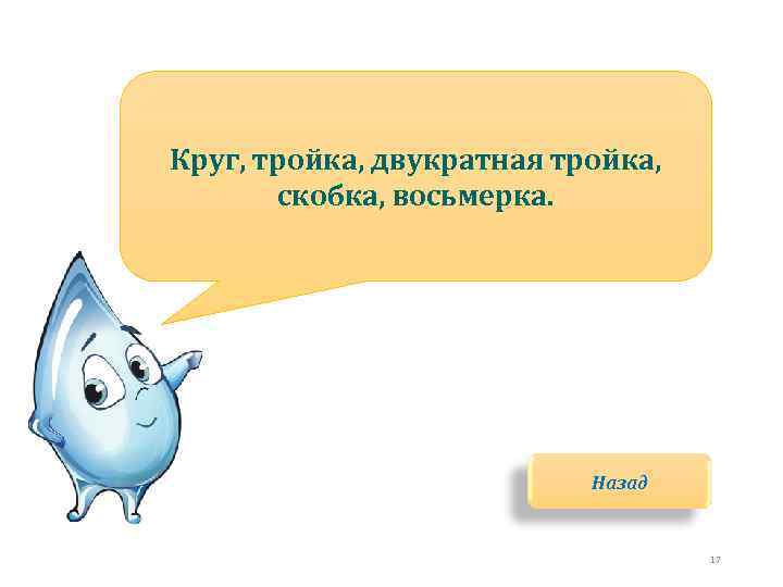 Круг, тройка, двукратная тройка, скобка, восьмерка. Назад 17 