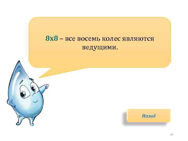 8 x 8 – все восемь колес являются ведущими. Назад 35 