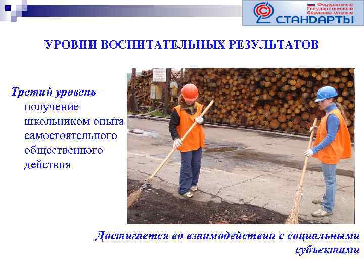 УРОВНИ ВОСПИТАТЕЛЬНЫХ РЕЗУЛЬТАТОВ Третий уровень – получение школьником опыта самостоятельного общественного действия Достигается во