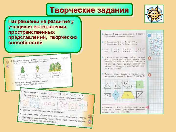 Творческие задания Направлены на развитие у учащихся воображения, пространственных представлений, творческих способностей 