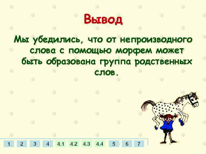 Вывод Мы убедились, что от непроизводного слова с помощью морфем может быть образована группа