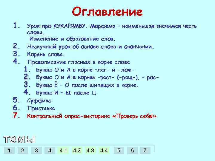 Оглавление 1. 2. 3. 4. 5. 6. 7. 1 Урок про КУКАРЯМБУ. Морфема –