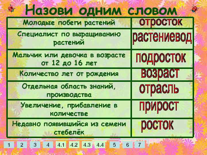 Назови одним словом Молодые побеги растений Специалист по выращиванию растений Мальчик или девочка в