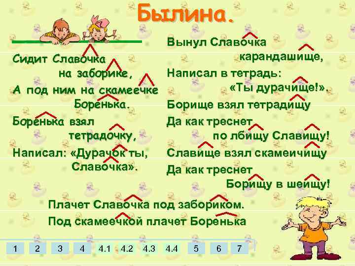 Былина. Вынул Славочка карандашище, Сидит Славочка на заборике, Написал в тетрадь: «Ты дурачище!» .