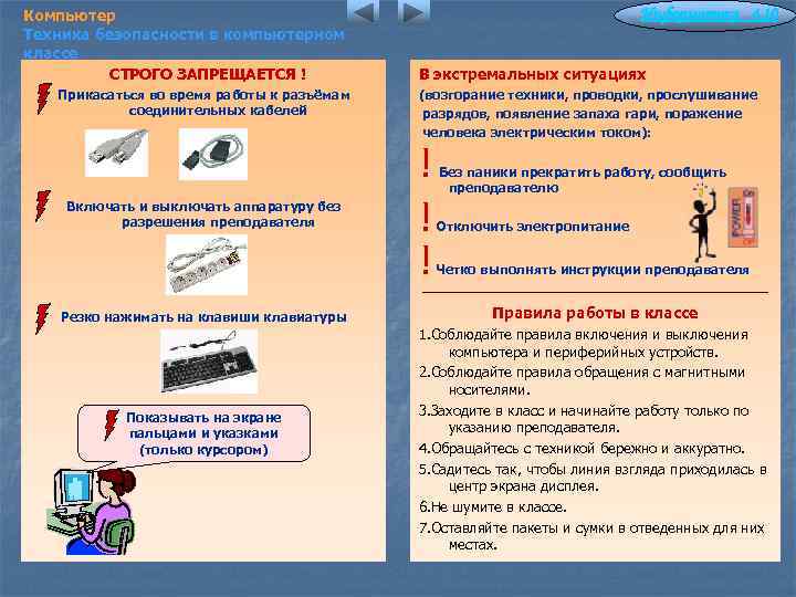 Компьютер Техника безопасности в компьютерном классе СТРОГО ЗАПРЕЩАЕТСЯ ! Прикасаться во время работы к