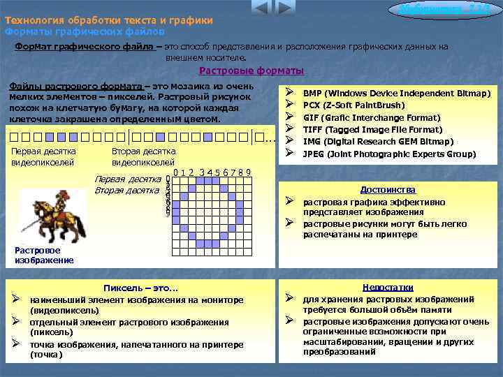 Информатика 7. 2/3 Технология обработки текста и графики Форматы графических файлов Формат графического файла