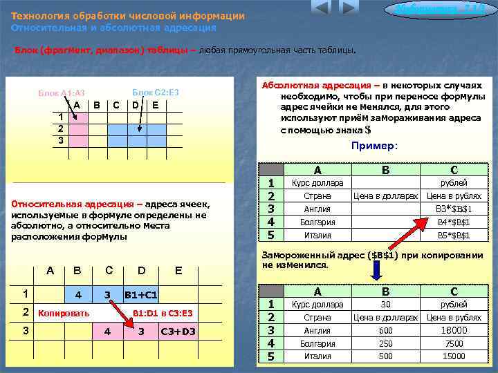 Информатика 7. 3/3 Технология обработки числовой информации Относительная и абсолютная адресация Блок (фрагмент, диапазон)