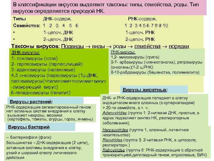 В классификации вирусов выделяют таксоны: типы, семейства, роды. Тип вирусов определяется природой НК. Типы