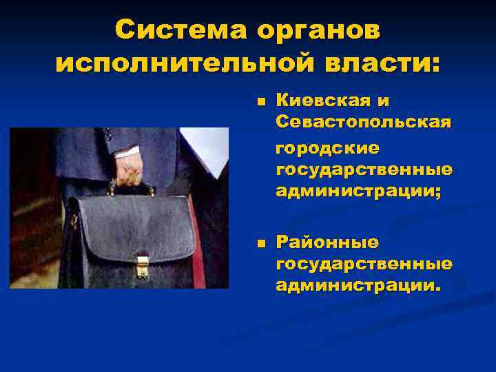 Система органов исполнительной власти: n n Киевская и Севастопольская городские государственные администрации; Районные государственные