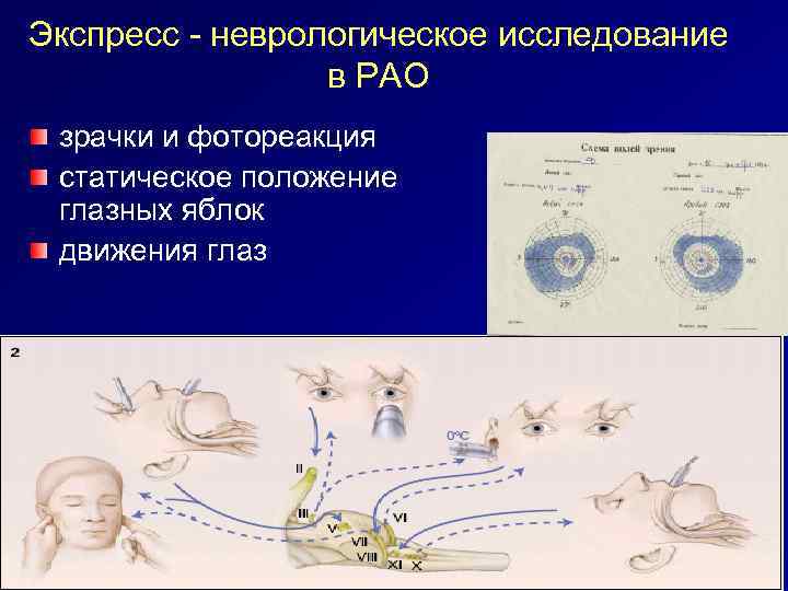 Экспресс - неврологическое исследование в РАО зрачки и фотореакция статическое положение глазных яблок движения
