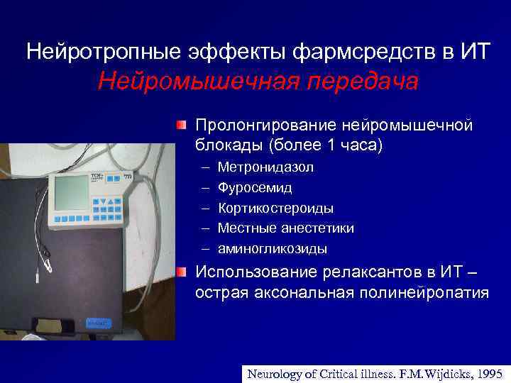 Нейротропные эффекты фармсредств в ИТ Нейромышечная передача Пролонгирование нейромышечной блокады (более 1 часа) –
