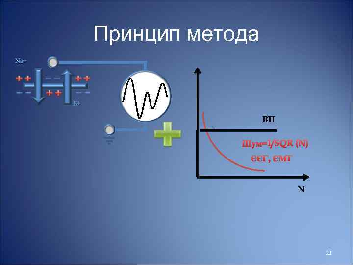 Принцип метода Na+ K+ ВП Шум=1/SQR (N) ЭЭГ, ЭМГ N 21 