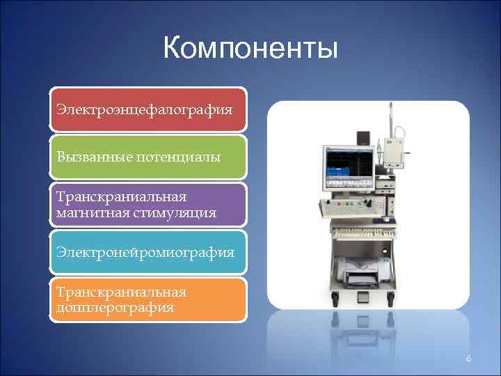 Компоненты Электроэнцефалография Вызванные потенциалы Транскраниальная магнитная стимуляция Электронейромиография Транскраниальная допплерография 6 