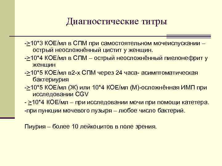 Диагностические титры ->10*3 КОЕ/мл в СПМ при самостоятельном мочеиспускании – острый неосложнённый цистит у