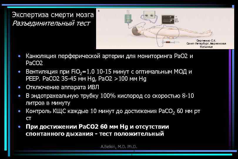 Экспертиза смерти мозга Разъединительный тест Сергиенко С. К. Санкт-Петербург, Мариинская больница • Канюляция перферической