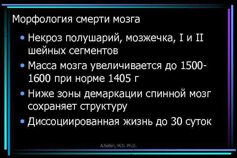 Морфология смерти мозга • Некроз полушарий, мозжечка, I и II шейных сегментов • Масса