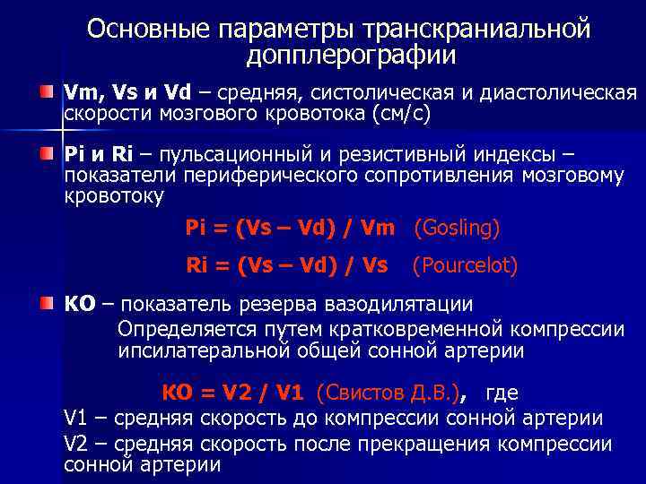 Основные параметры транскраниальной допплерографии Vm, Vs и Vd – средняя, систолическая и диастолическая скорости