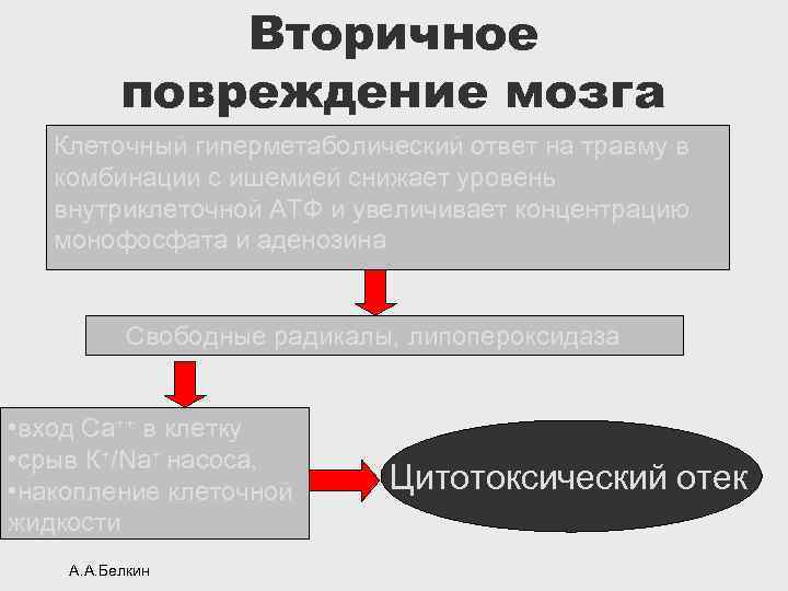 Вторичное повреждение мозга Клеточный гиперметаболический ответ на травму в комбинации с ишемией снижает уровень