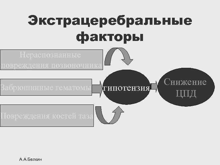 Экстрацеребральные факторы Нераспознанные повреждения позвоночника Забрюшинные гематомы Повреждения костей таза А. А. Белкин гипотензия