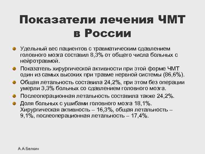 Показатели лечения ЧМТ в России Удельный вес пациентов с травматическим сдавлением головного мозга составил