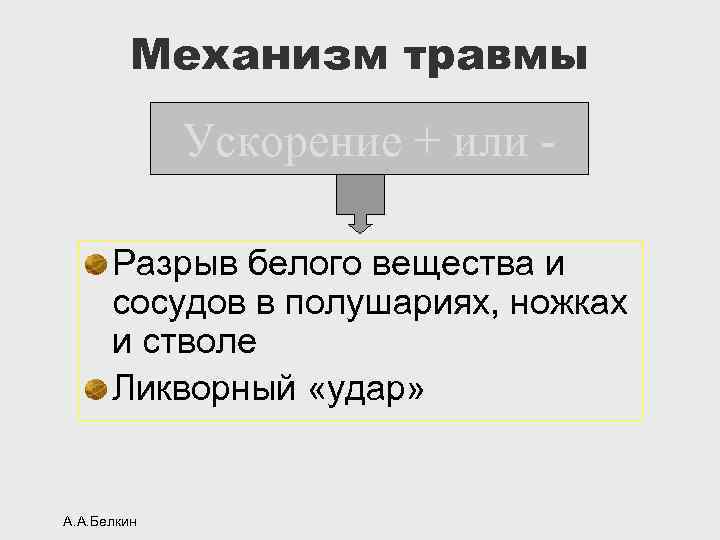 Механизм травмы Ускорение + или Разрыв белого вещества и сосудов в полушариях, ножках и