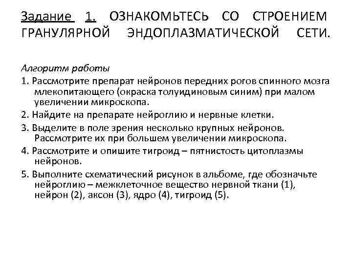 Задание 1. ОЗНАКОМЬТЕСЬ СО СТРОЕНИЕМ ГРАНУЛЯРНОЙ ЭНДОПЛАЗМАТИЧЕСКОЙ СЕТИ. Алгоритм работы 1. Рассмотрите препарат нейронов