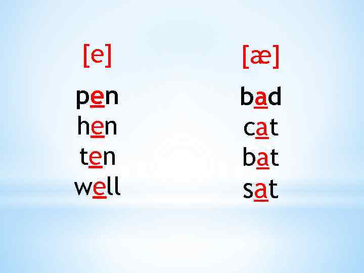 [e] [æ] pen hen ten well bad cat bat sat 